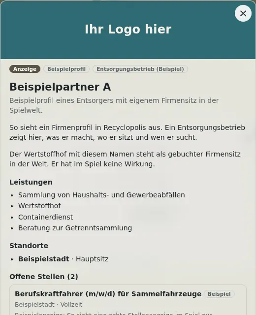 Spielszene: Firmenprofil im Spiel mit Kennzeichnung Anzeige, Beschreibung, Leistungen, Standorten und offenen Stellen eines Beispielpartners.